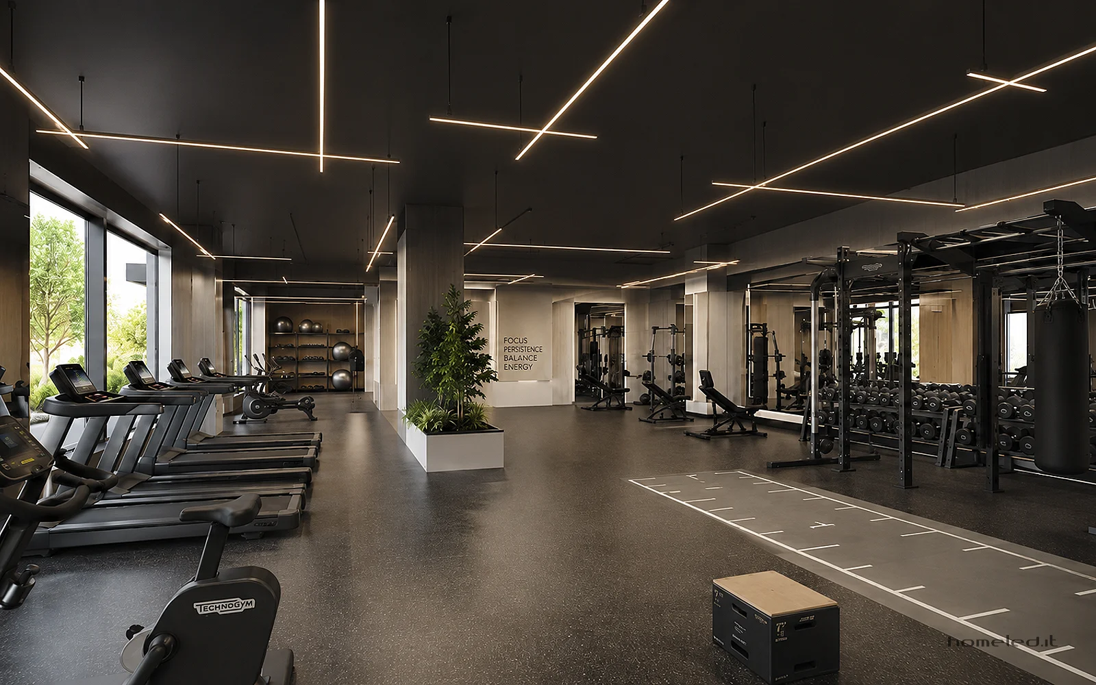 Interno palestra tecnogym con illuminazione homeled