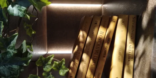 Una pila di libri dorati illuminati da una luce laterale, con foglie verdi che creano un'atmosfera accogliente.